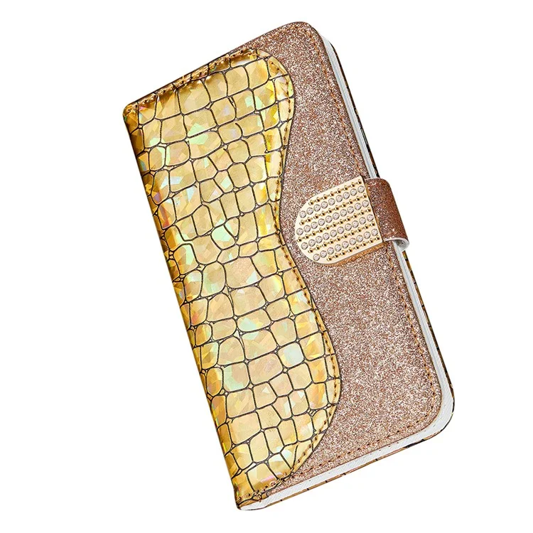 Glittery Powder Crocodile Texture Case Splicing Leather Wallet Protective Shell for iPhone 13 6.1 inch - Yellow