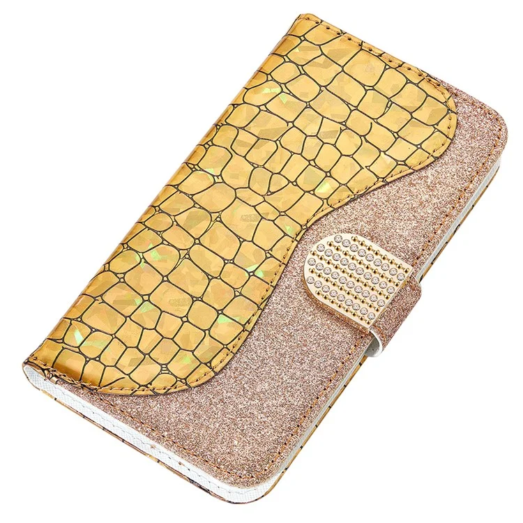 Glittery Powder Crocodile Texture Case Splicing Leather Wallet Protective Shell for iPhone 13 6.1 inch - Yellow