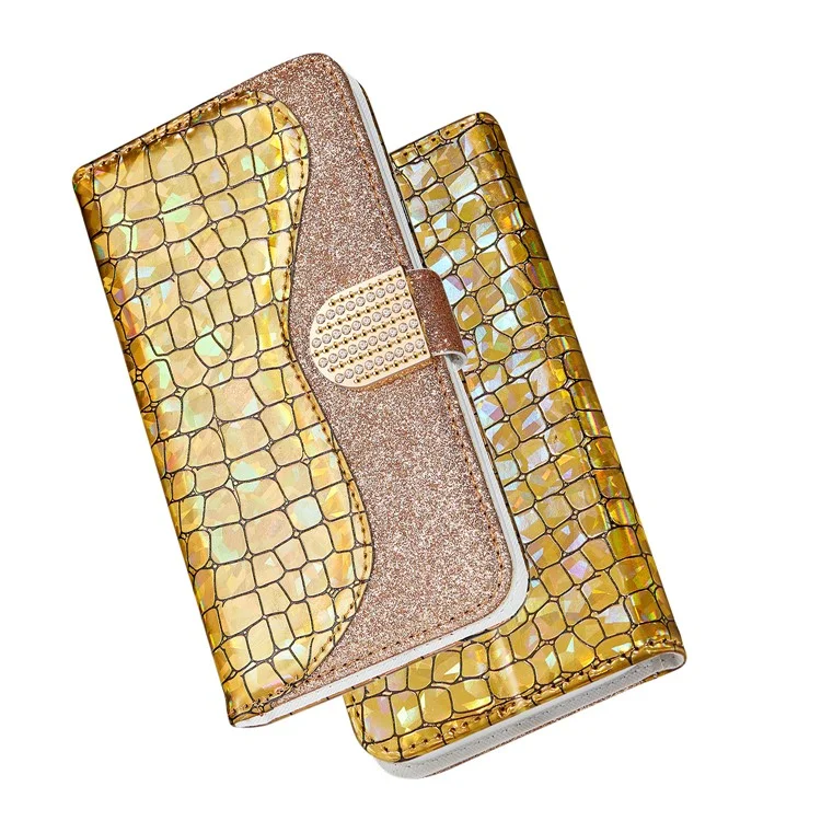 Glittery Powder Crocodile Texture Case Splicing Leather Wallet Protective Shell for iPhone 13 6.1 inch - Yellow