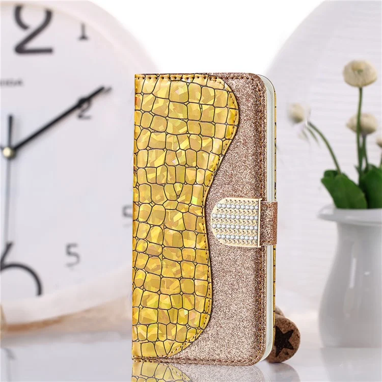 Glittery Powder Crocodile Texture Case Splicing Leather Wallet Protective Shell for iPhone 13 6.1 inch - Yellow