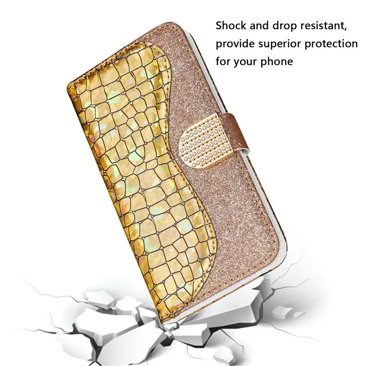 Glittery Powder Crocodile Texture Case Splicing Leather Wallet Protective Shell for iPhone 13 6.1 inch - Yellow