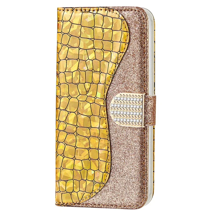 Glittery Powder Crocodile Texture Case Splicing Leather Wallet Protective Shell for iPhone 13 6.1 inch - Yellow