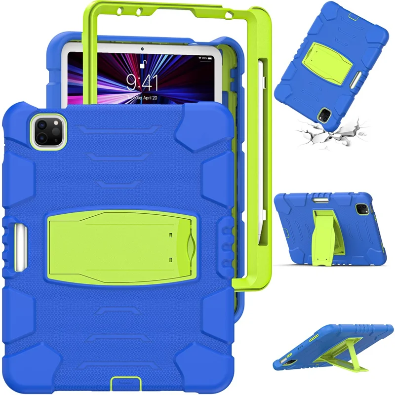Kickstand Design Drop-Proof Hybrid Tablet Cover with Stylus Pen Magnetic Pairing and Charging Function for iPad Pro 11 (2022) /  (2021) / (2020) / (2018) / Air (2020) / Air (2022) - Blue / Lime