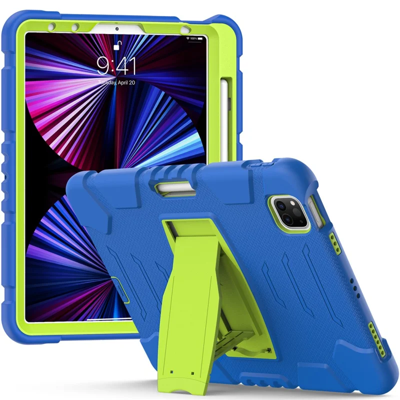 Kickstand Design Drop-Proof Hybrid Tablet Cover with Stylus Pen Magnetic Pairing and Charging Function for iPad Pro 11 (2022) /  (2021) / (2020) / (2018) / Air (2020) / Air (2022) - Blue / Lime