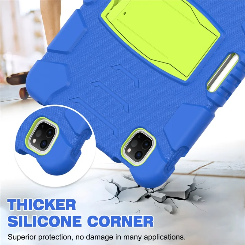 Kickstand Design Drop-Proof Hybrid Tablet Cover with Stylus Pen Magnetic Pairing and Charging Function for iPad Pro 11 (2022) /  (2021) / (2020) / (2018) / Air (2020) / Air (2022) - Blue / Lime
