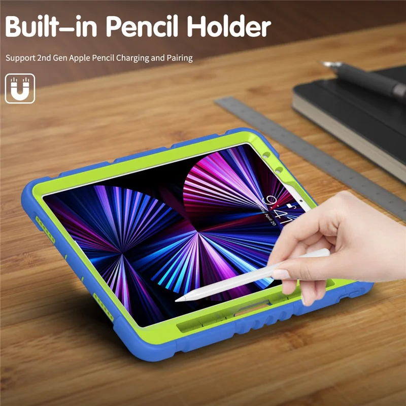 Kickstand Design Drop-Proof Hybrid Tablet Cover with Stylus Pen Magnetic Pairing and Charging Function for iPad Pro 11 (2022) /  (2021) / (2020) / (2018) / Air (2020) / Air (2022) - Blue / Lime