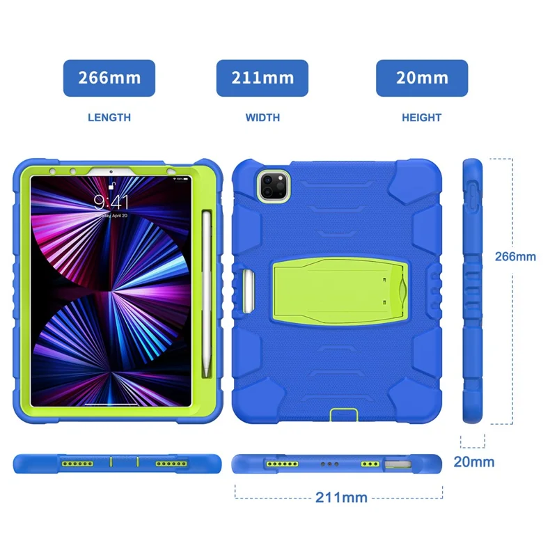 Kickstand Design Drop-Proof Hybrid Tablet Cover with Stylus Pen Magnetic Pairing and Charging Function for iPad Pro 11 (2022) /  (2021) / (2020) / (2018) / Air (2020) / Air (2022) - Blue / Lime