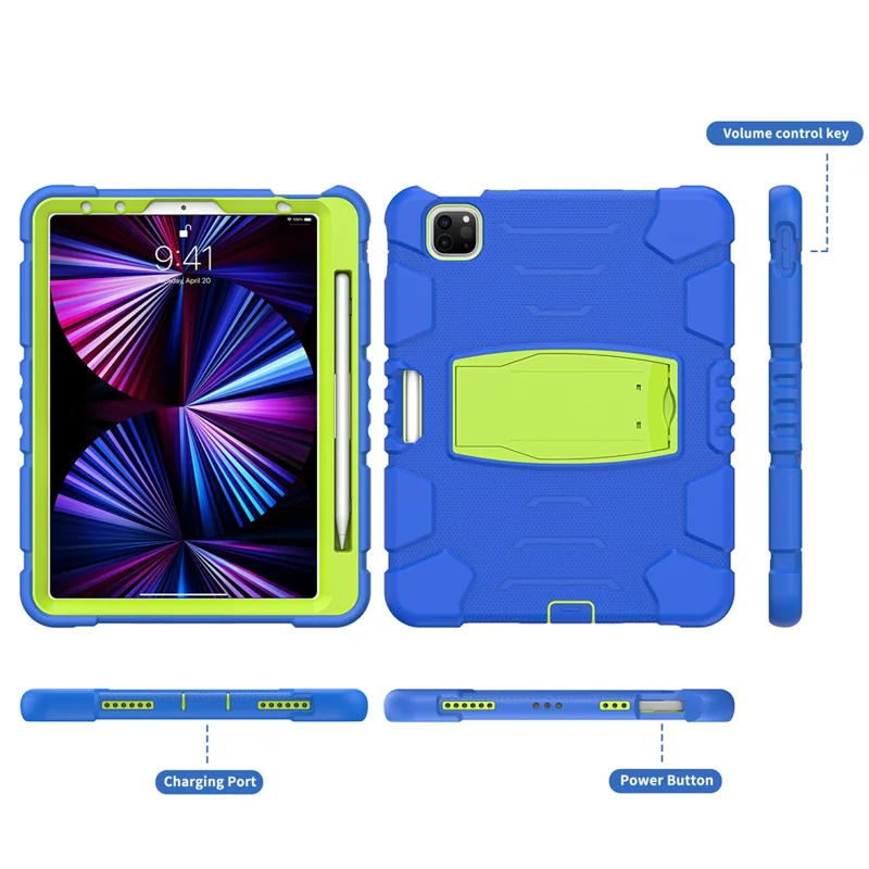 Kickstand Design Drop-Proof Hybrid Tablet Cover with Stylus Pen Magnetic Pairing and Charging Function for iPad Pro 11 (2022) /  (2021) / (2020) / (2018) / Air (2020) / Air (2022) - Blue / Lime