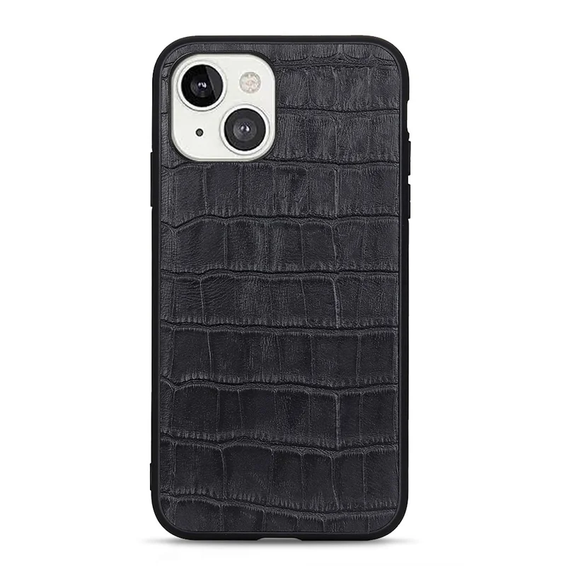 Crocodile Skin Anti-scratch Genuine Leather Coated PC + TPU Combo Phone Back Case for iPhone 13 6.1 inch - Black