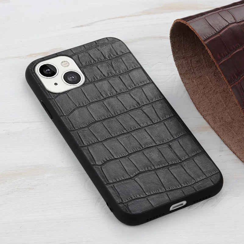 Crocodile Skin Anti-scratch Genuine Leather Coated PC + TPU Combo Phone Back Case for iPhone 13 6.1 inch - Black