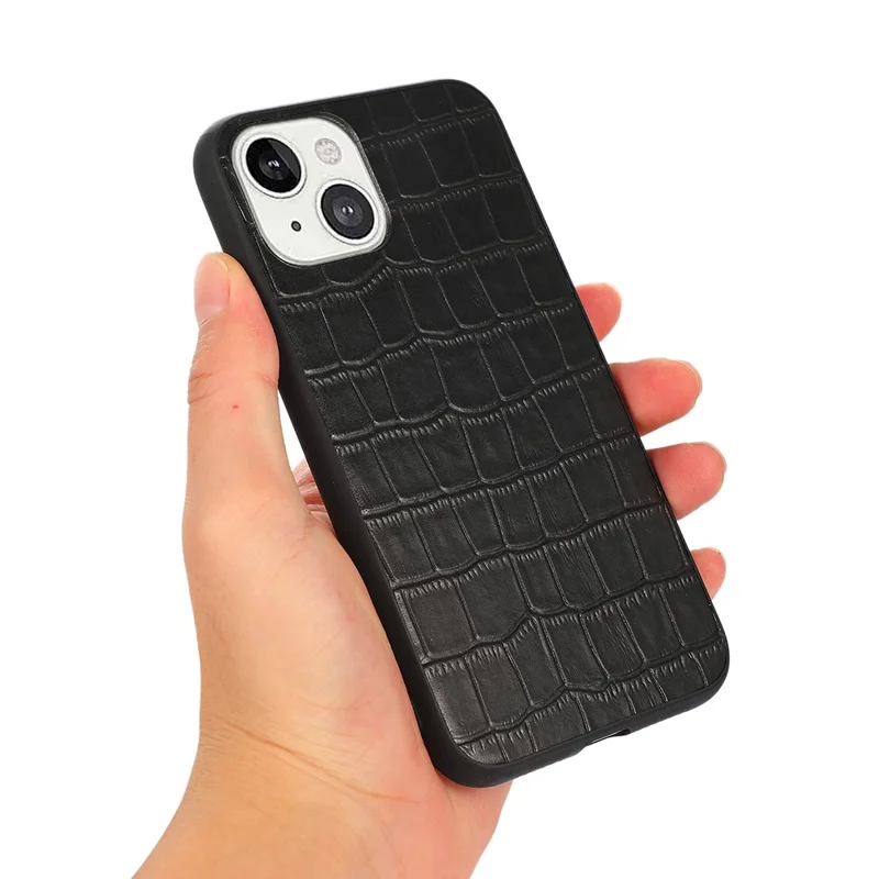 Crocodile Skin Anti-scratch Genuine Leather Coated PC + TPU Combo Phone Back Case for iPhone 13 6.1 inch - Black