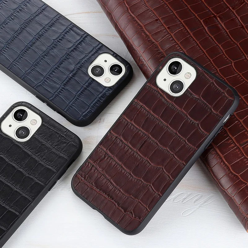 Crocodile Skin Anti-scratch Genuine Leather Coated PC + TPU Combo Phone Back Case for iPhone 13 6.1 inch - Black