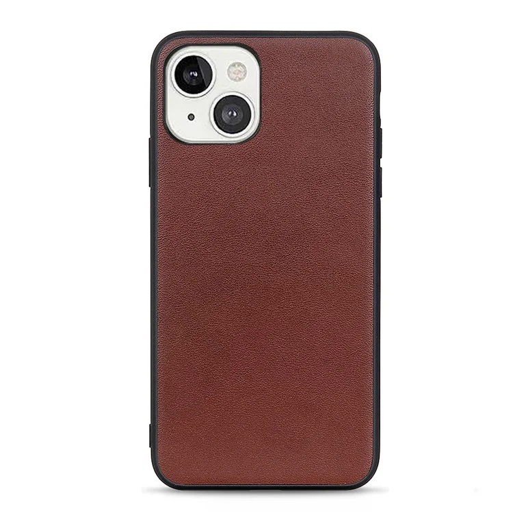 Ultra Slim Genuine Leather + Hard PC Back Panel Protective Shockproof Cover for iPhone 13 6.1 inch - Brown