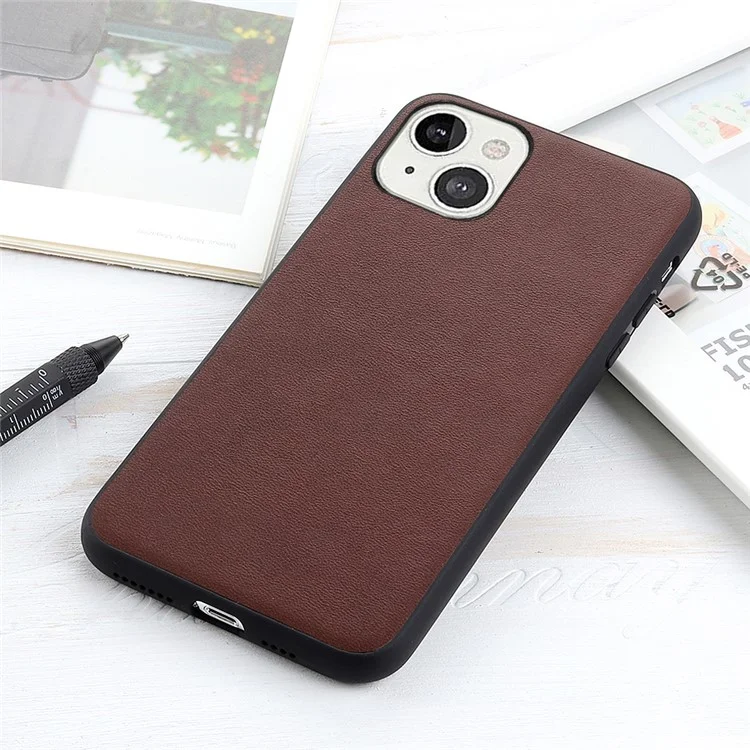 Ultra Slim Genuine Leather + Hard PC Back Panel Protective Shockproof Cover for iPhone 13 6.1 inch - Brown