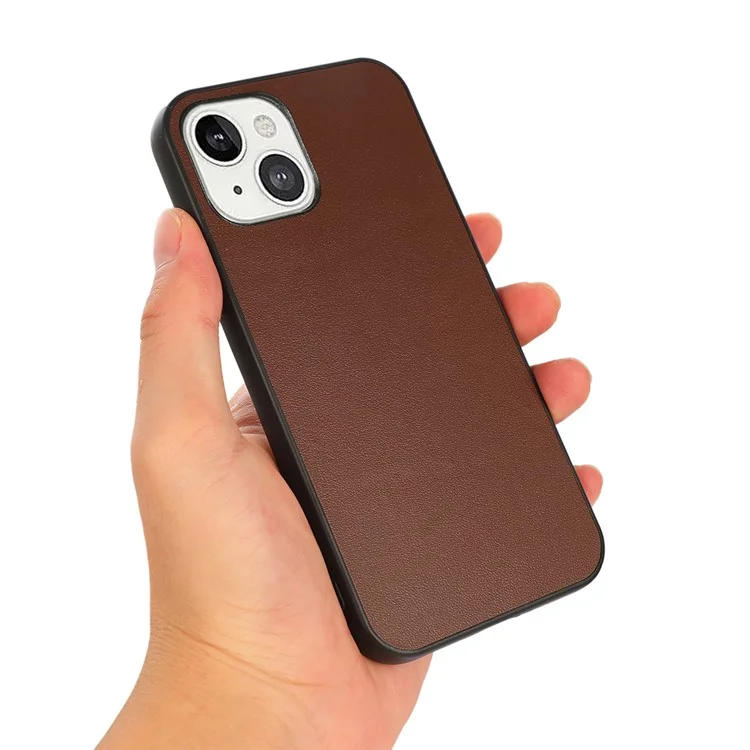 Ultra Slim Genuine Leather + Hard PC Back Panel Protective Shockproof Cover for iPhone 13 6.1 inch - Brown