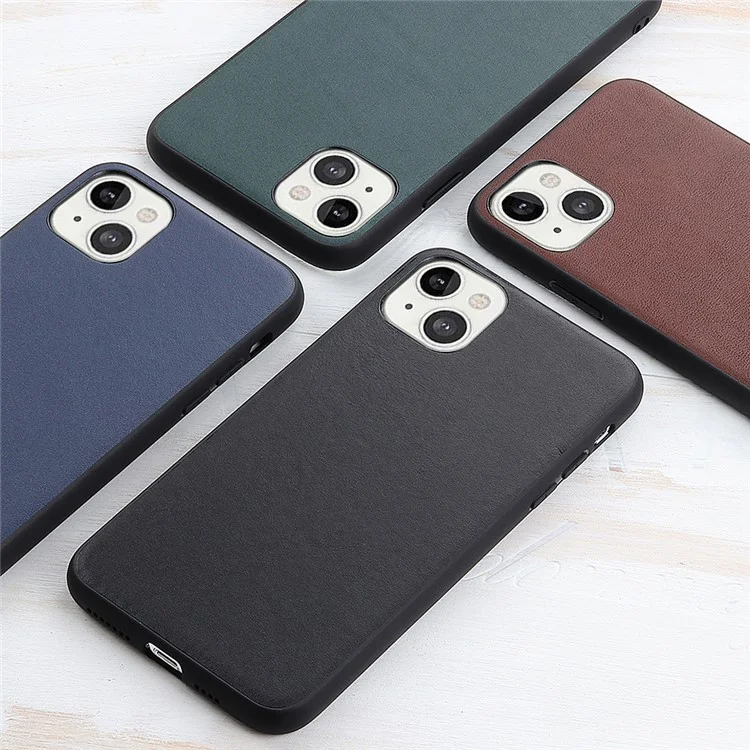 Ultra Slim Genuine Leather + Hard PC Back Panel Protective Shockproof Cover for iPhone 13 6.1 inch - Brown