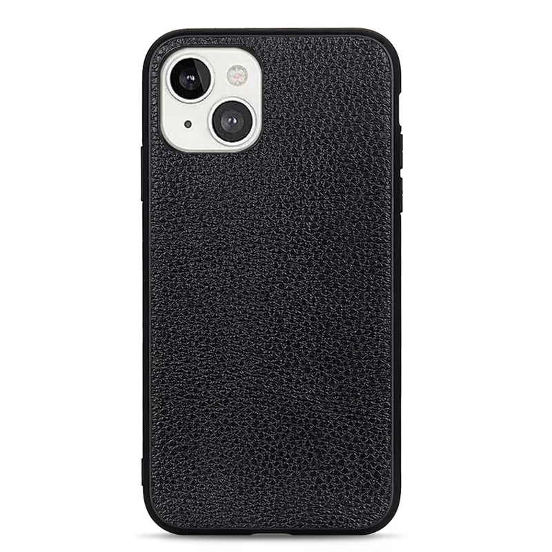 Litchi Skin PC + TPU Combo Genuine Leather Coated Back Shell for iPhone 13 6.1 inch - Black