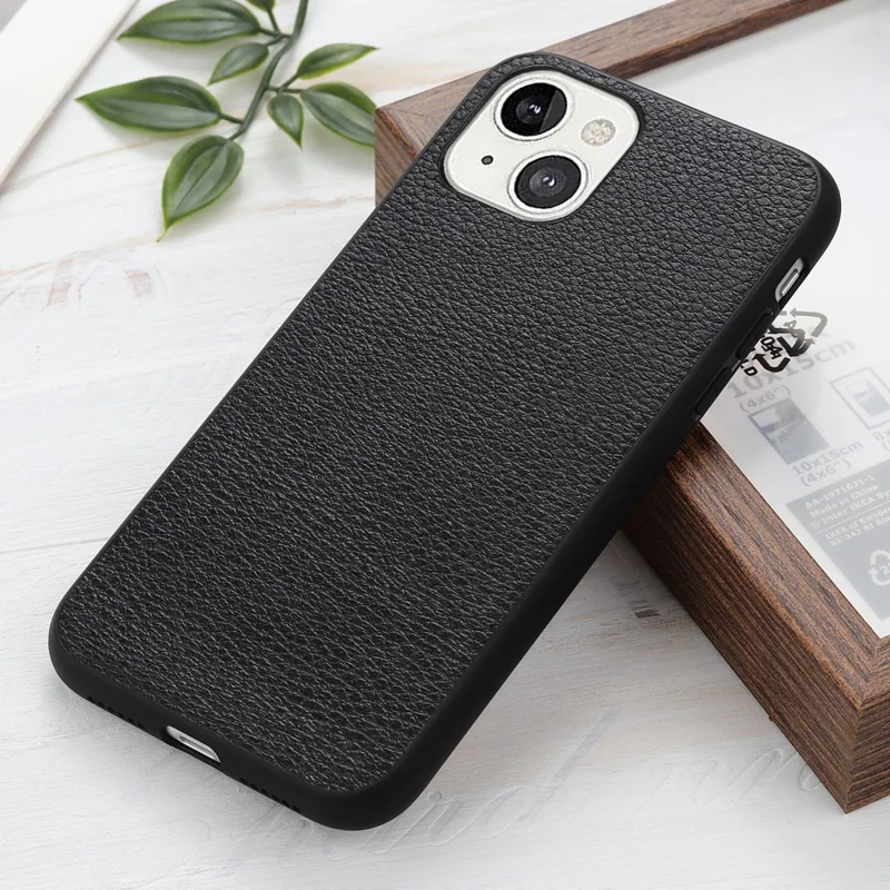 Litchi Skin PC + TPU Combo Genuine Leather Coated Back Shell for iPhone 13 6.1 inch - Black