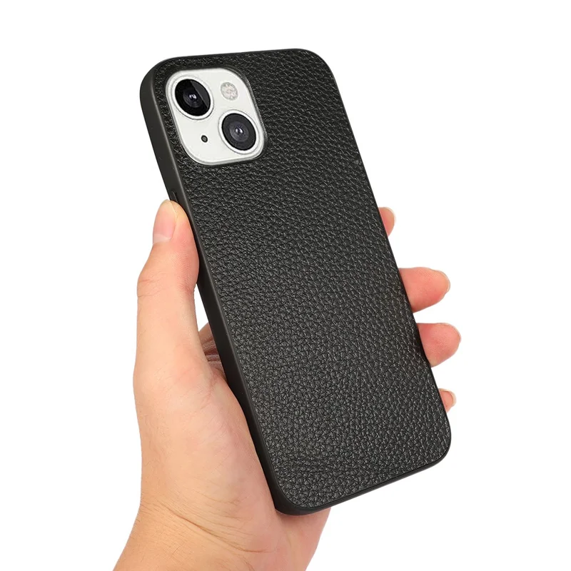 Litchi Skin PC + TPU Combo Genuine Leather Coated Back Shell for iPhone 13 6.1 inch - Black