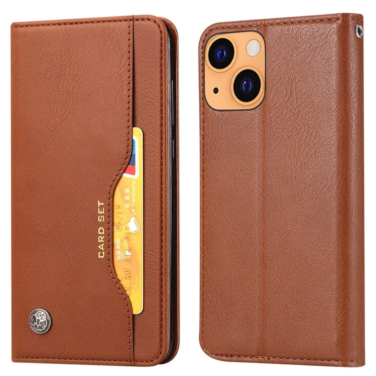 Magnetic Auto-absorbed Wallet Stand PU Leather Case Cover for iPhone 13 6.1 inch - Brown