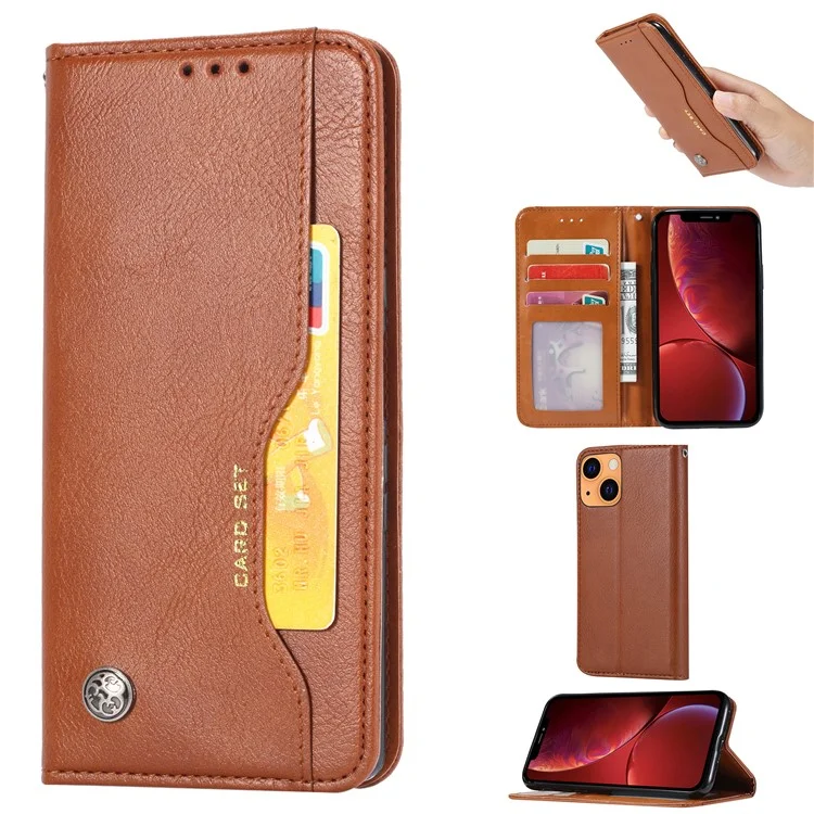 Magnetic Auto-absorbed Wallet Stand PU Leather Case Cover for iPhone 13 6.1 inch - Brown