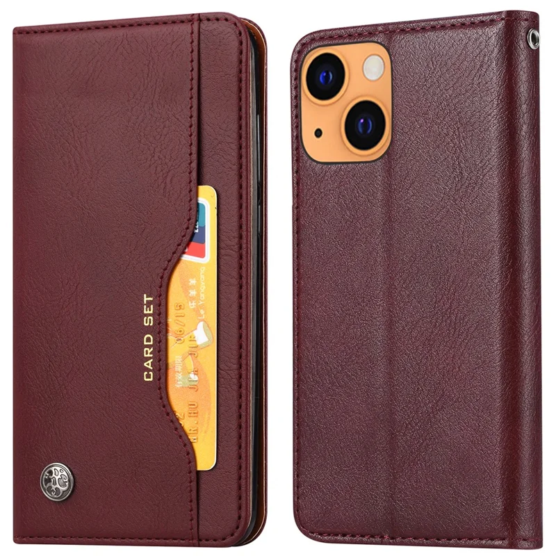 Magnetic Auto-absorbed Wallet Stand PU Leather Case Cover for iPhone 13 6.1 inch - Wine Red