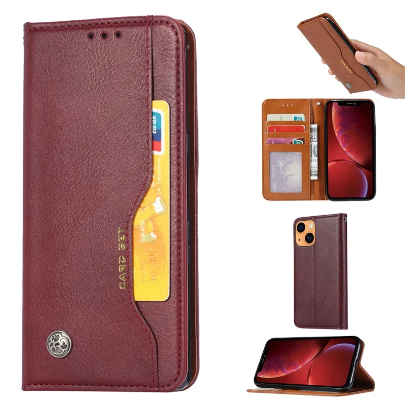 Magnetic Auto-absorbed Wallet Stand PU Leather Case Cover for iPhone 13 6.1 inch - Wine Red