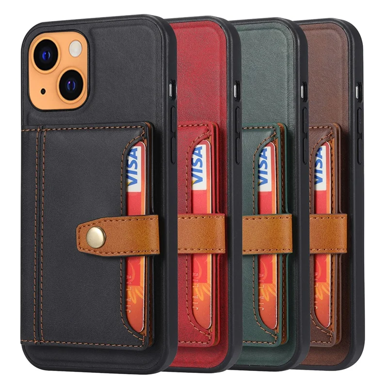Card Slots + Kickstand Design PU Leather Coated TPU Case Phone Shell for iPhone 13 6.1 inch - Black