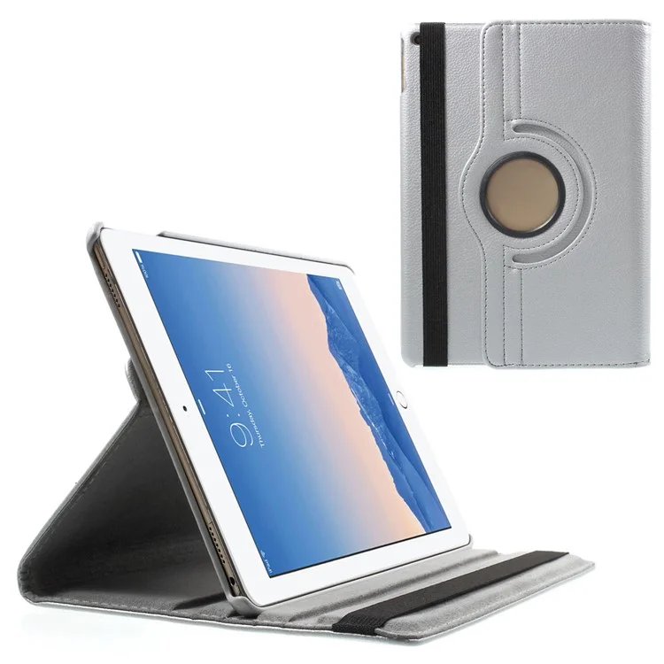 360 Degree Rotary Stand Litchi Grain Smart Leather Case for iPad Air 2 - Silver