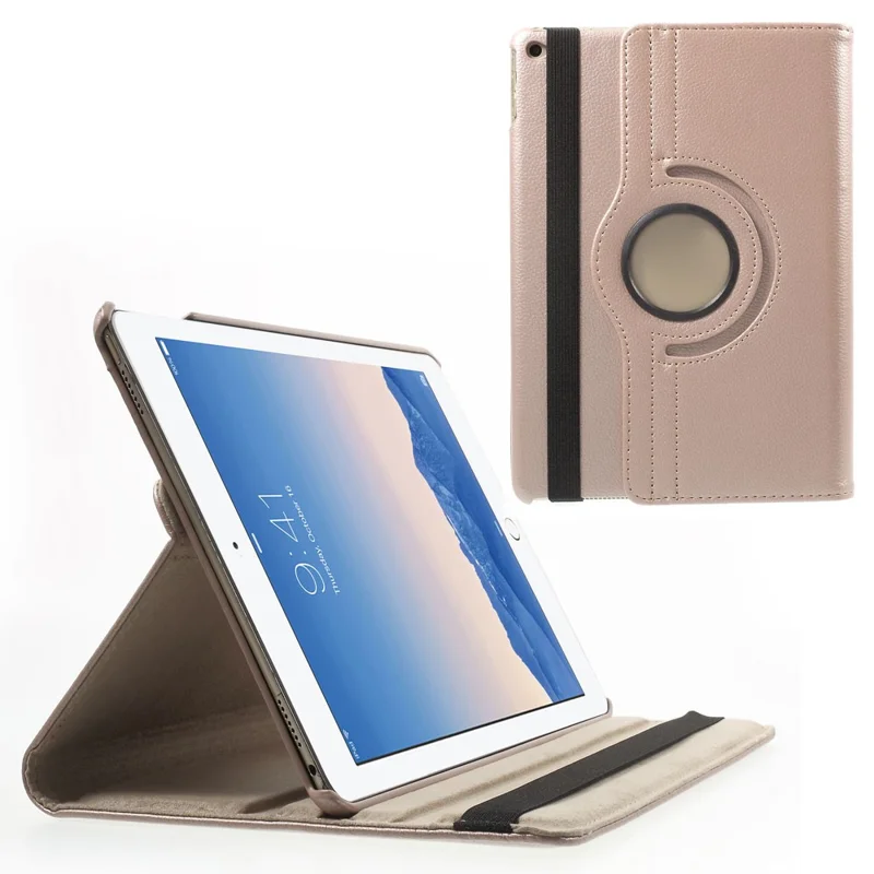 360 Degree Rotary Stand Litchi Grain Smart Leather Cover for iPad Air 2 - Rose Gold