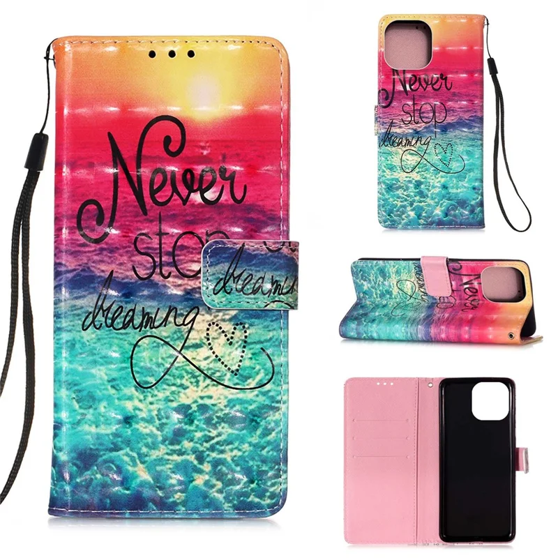 3D Pattern Printing Wallet Premium PU Leather Wallet Case Flip Folio Stand View Cover with Strap for iPhone 13 6.1 inch - Never Stop Dreaming