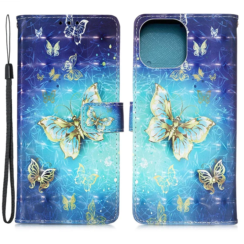 3D Pattern Printing Wallet Premium PU Leather Wallet Case Flip Folio Stand View Cover with Strap for iPhone 13 6.1 inch - Golden Butterflies