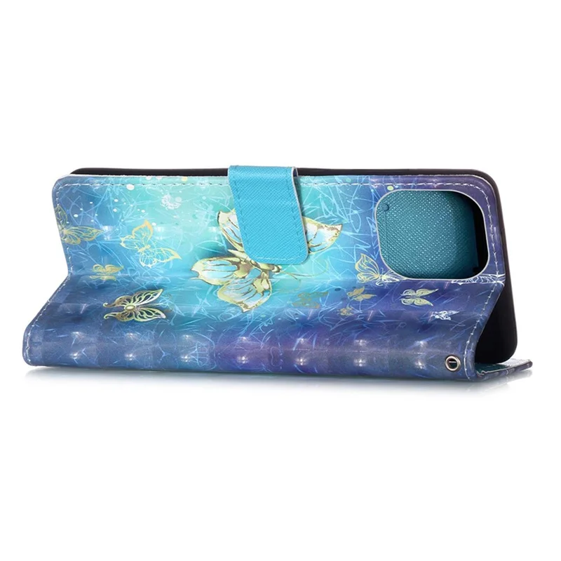 3D Pattern Printing Wallet Premium PU Leather Wallet Case Flip Folio Stand View Cover with Strap for iPhone 13 6.1 inch - Golden Butterflies