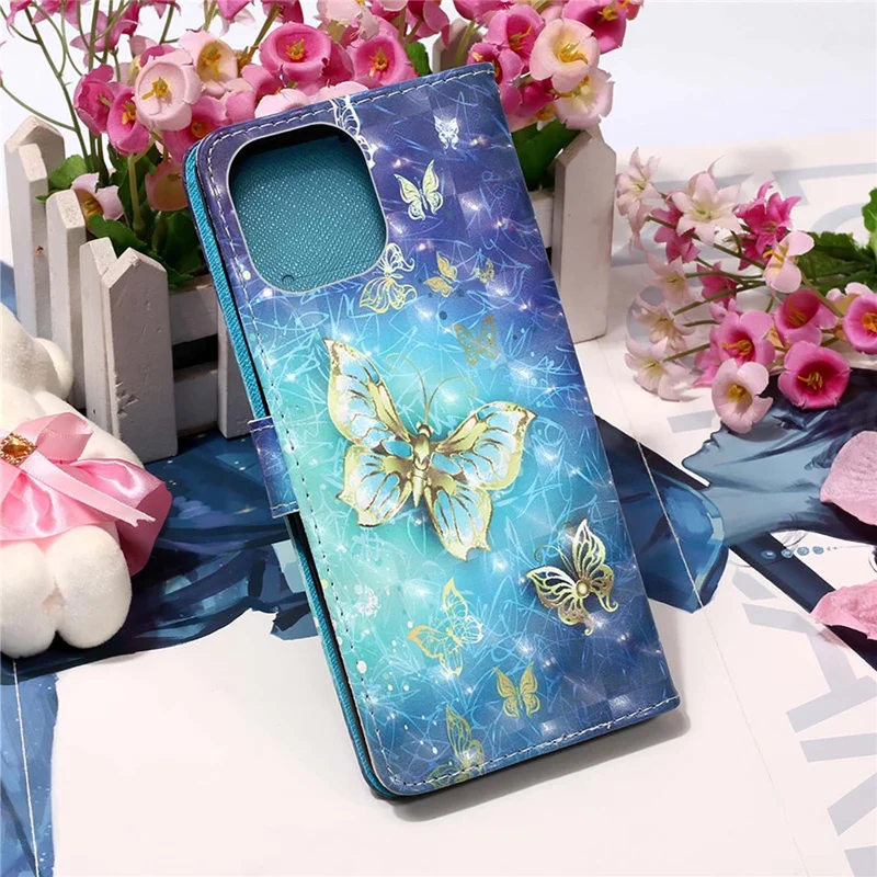 3D Pattern Printing Wallet Premium PU Leather Wallet Case Flip Folio Stand View Cover with Strap for iPhone 13 6.1 inch - Golden Butterflies