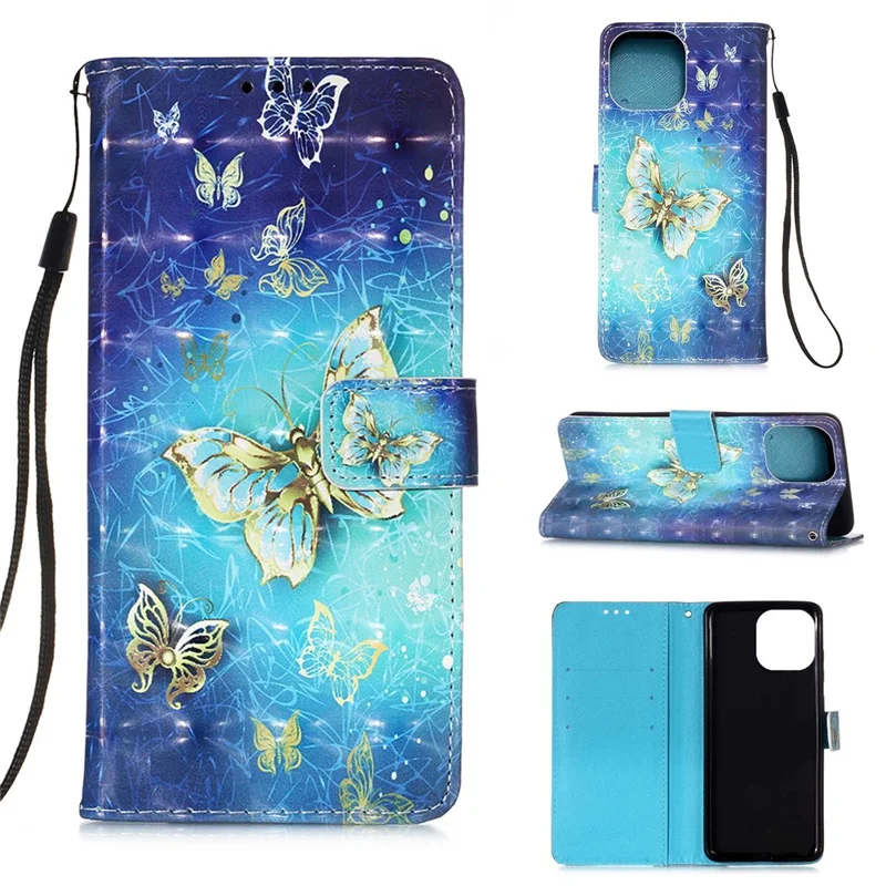 3D Pattern Printing Wallet Premium PU Leather Wallet Case Flip Folio Stand View Cover with Strap for iPhone 13 6.1 inch - Golden Butterflies