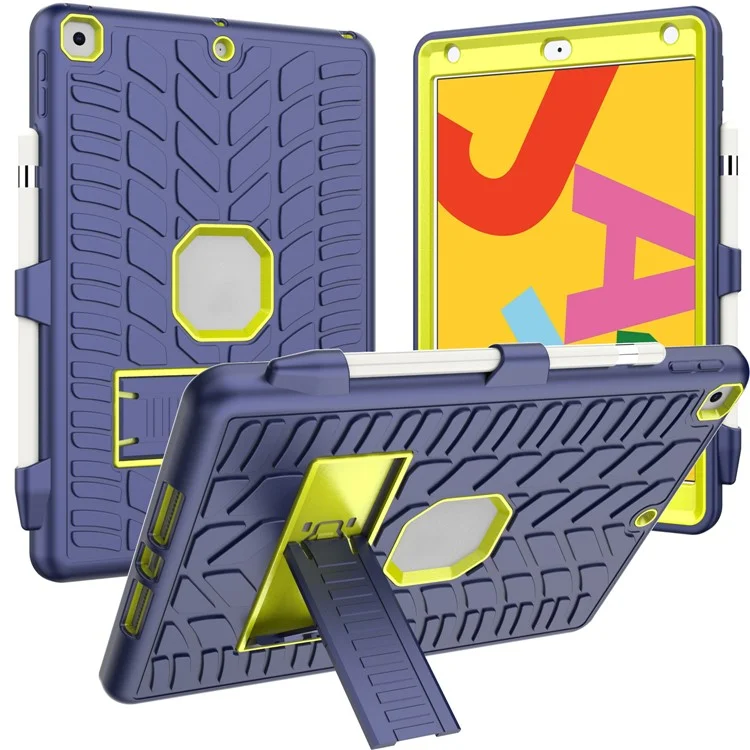 Drop Proof Kickstand Design Cool Tyre Surface PC + Silicone Hybrid Tablet Shell Case für iPad 10.2 (2021)/(2020)/(2019) - Navy Blue/Lime