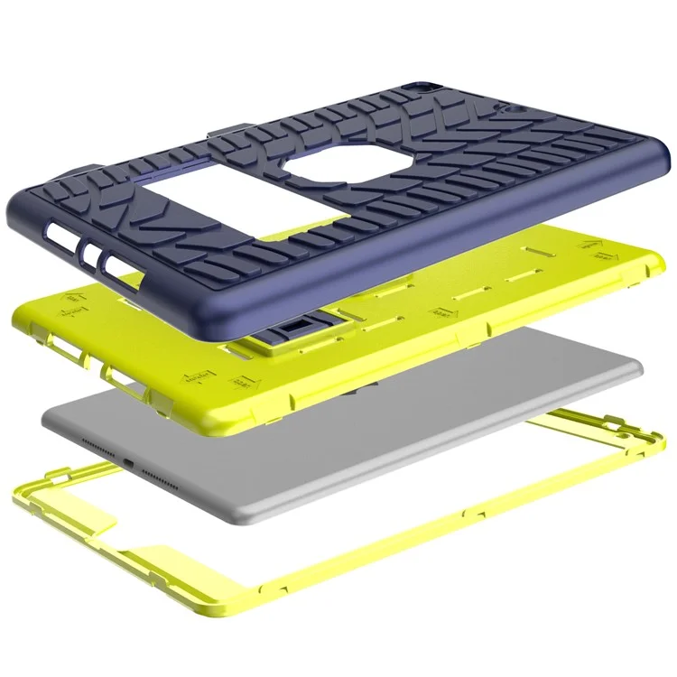 Drop Proof Kickstand Design Cool Tyre Surface PC + Silicone Hybrid Tablet Shell Case für iPad 10.2 (2021)/(2020)/(2019) - Navy Blue/Lime