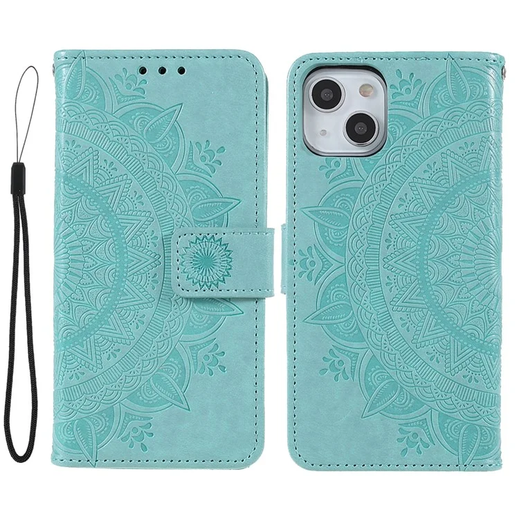 Élégant Motif Totem Mandala Imprimé pu Leather Shockproof Flip Magnetic Case Avec Sangle Pour Iphone 13 6,1 Pouces - Vert