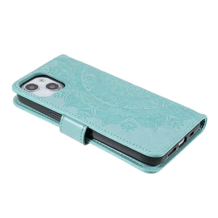 Stylish Imprinted Mandala Totem Pattern PU Leather Shockproof Flip Magnetic Case with Strap for iPhone 13 6.1 inch - Green