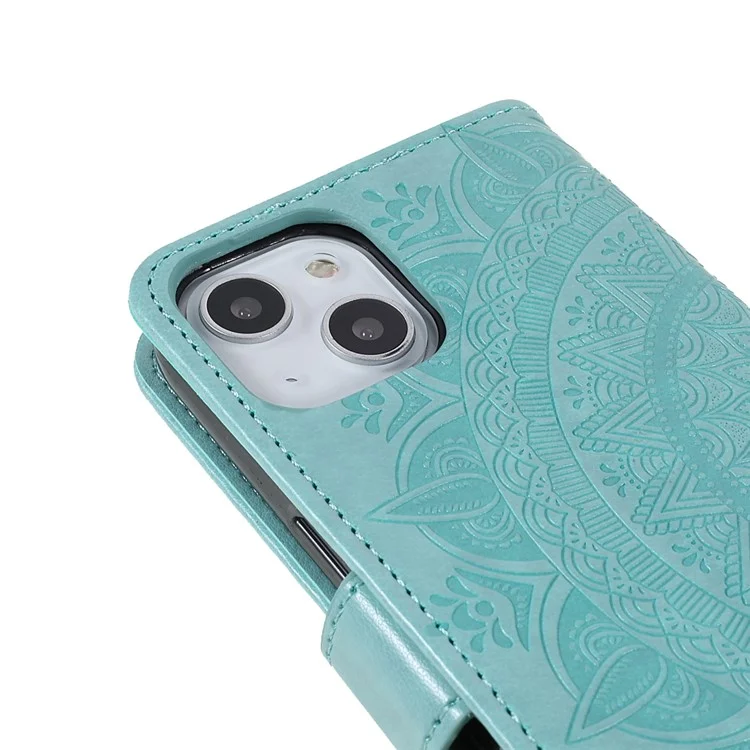 Stylish Imprinted Mandala Totem Pattern PU Leather Shockproof Flip Magnetic Case with Strap for iPhone 13 6.1 inch - Green