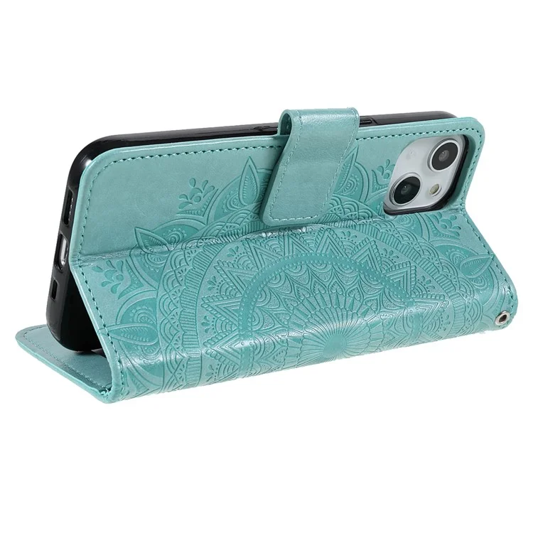 Élégant Motif Totem Mandala Imprimé pu Leather Shockproof Flip Magnetic Case Avec Sangle Pour Iphone 13 6,1 Pouces - Vert