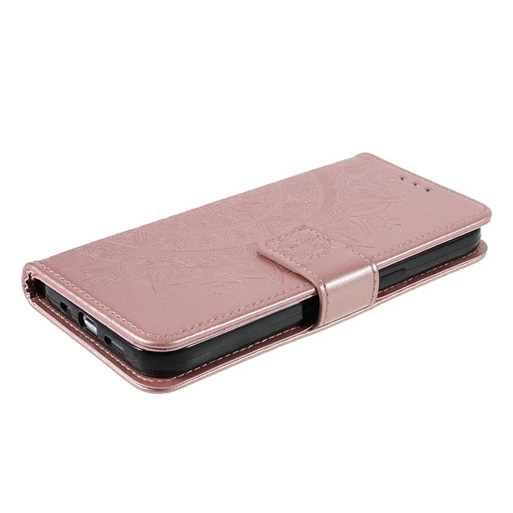 Imprinted Mandala Totem Pattern PU Leather Wallet Cover Slim Magnetic Shockproof Flip Case with Strap for iPhone 13 mini 5.4 inch - Rose Gold