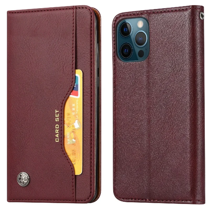 Auto-absorbed Wallet Stand Leather Phone Cover Case with Outer Card Slot for iPhone 13 Pro 6.1 inch - Wine Red
