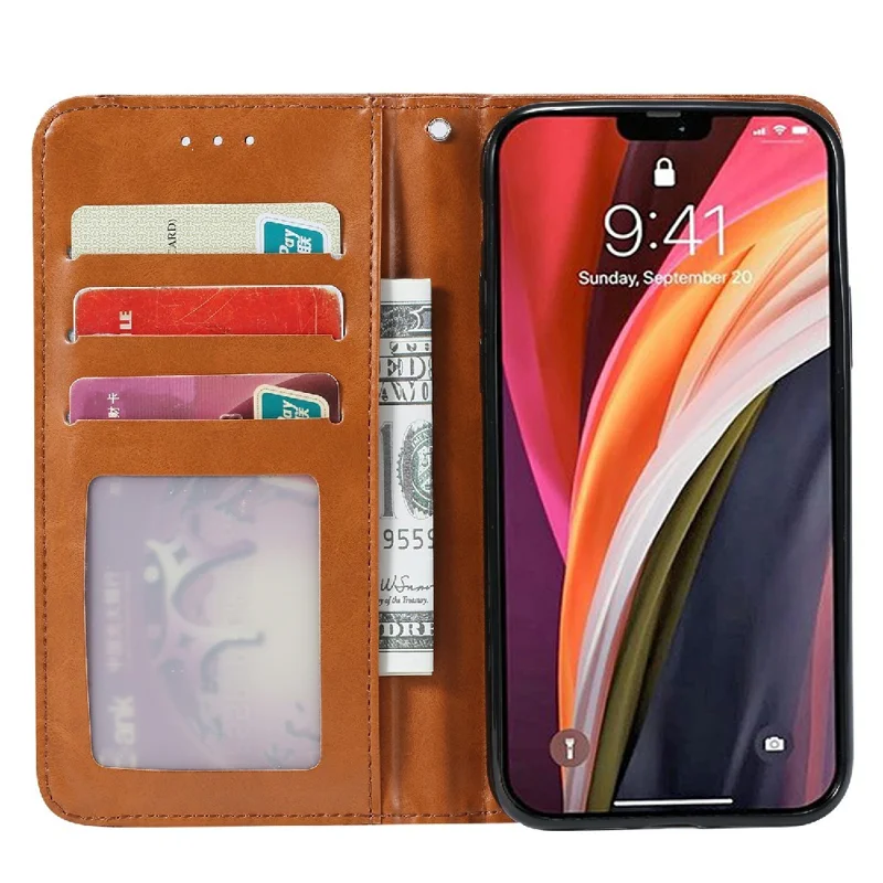 Auto-absorbed Wallet Stand Leather Phone Cover Case with Outer Card Slot for iPhone 13 Pro 6.1 inch - Wine Red
