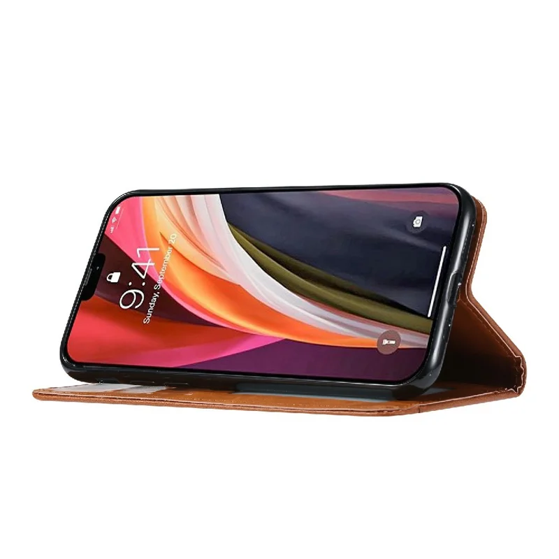 Auto-absorbed Wallet Stand Leather Phone Cover Case with Outer Card Slot for iPhone 13 Pro 6.1 inch - Wine Red