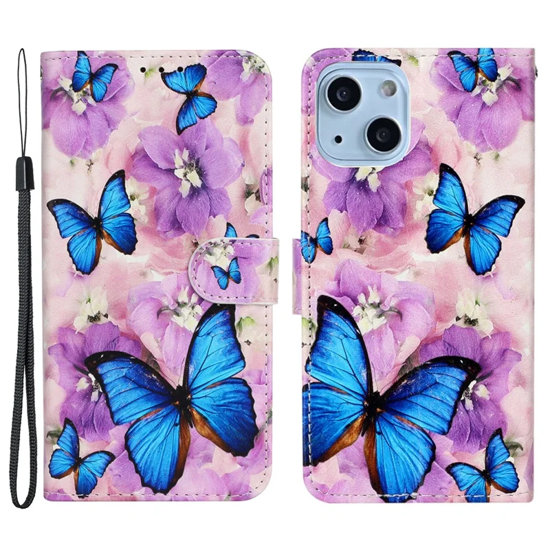 Pattern Embossed Wallet Stand Design Leather Phone Shell Case with Strap for iPhone 13 6.1 inch - Butterfly