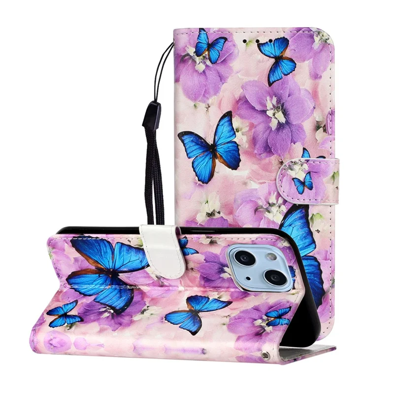 Pattern Embossed Wallet Stand Design Leather Phone Shell Case with Strap for iPhone 13 6.1 inch - Butterfly