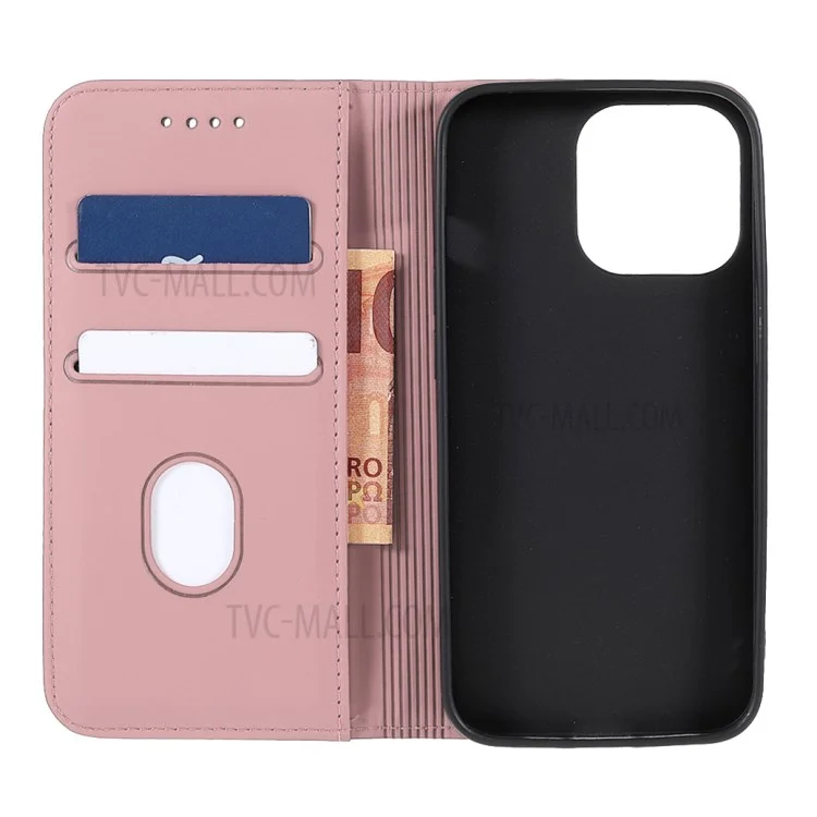 Full Protection Skin-touch PU Leather Wallet Cover Case with Kickstand for iPhone 13 Pro Max 6.7 inch - Rose Gold