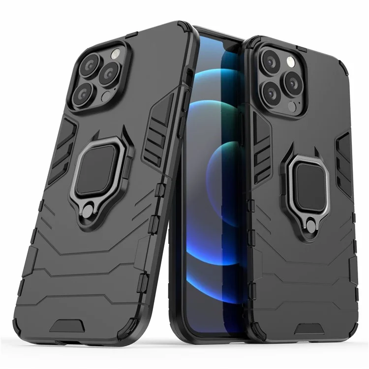 Well-protected 2-in-1 PC TPU Hybrid Cover Case with Ring Holder Kickstand for iPhone 13 Pro Max 6.7 inch - Black