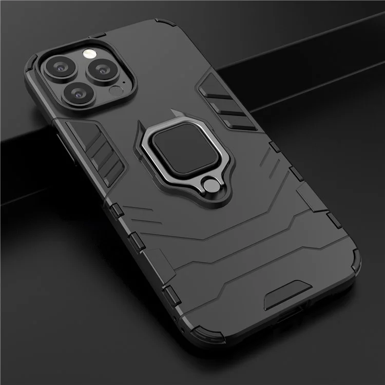 Well-protected 2-in-1 PC TPU Hybrid Cover Case with Ring Holder Kickstand for iPhone 13 Pro Max 6.7 inch - Black